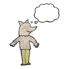 cartoon happy werewolf with thought bubble N7