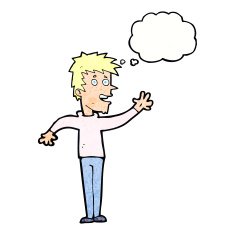 cartoon happy boy waving with thought bubble N22