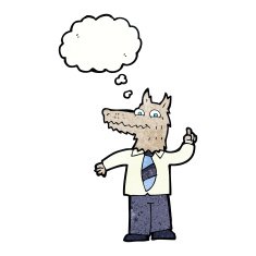 cartoon business wolf with idea thought bubble N7