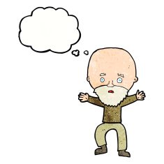 cartoon panicking old man with thought bubble N11