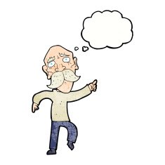cartoon sad old man pointing with thought bubble N11