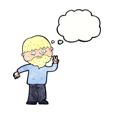 cartoon man giving peace sign with thought bubble N58