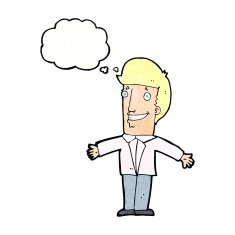 cartoon grining man with open arms thought bubble N11