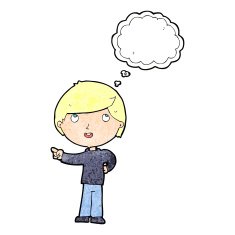 cartoon boy pointing with thought bubble N32