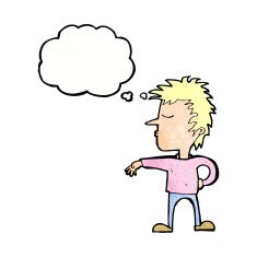 cartoon man making camp gesture with thought bubble N33