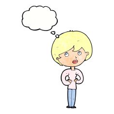cartoon woman making Who Me? gesture with thought bubble N51