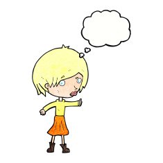 cartoon woman raising eyebrow with thought bubble N22