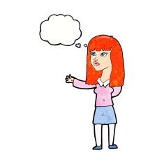 cartoon woman gesturing to show something with thought bubble N22