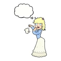 cartoon victorian woman dropping handkerchief with thought bubbl N11