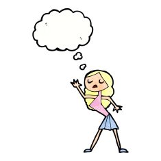 cartoon woman dancing with thought bubble N32
