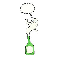 cartoon ghost in bottle with thought bubble N16