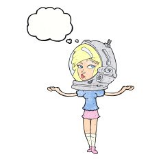 cartoon woman wearing space helmet with thought bubble N21