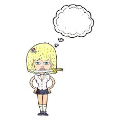 cartoon woman with knife between teeth thought bubble N41