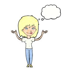 cartoon woman shrugging with thought bubble N64
