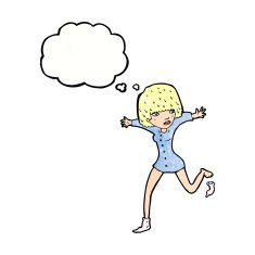 cartoon woman kicking off sock with thought bubble N10