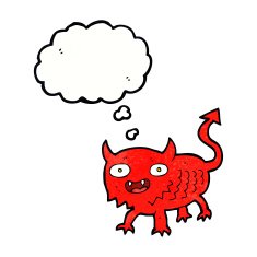 cartoon little demon with thought bubble N32
