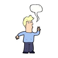 cartoon man giving peace sign with speech bubble N65
