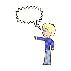 cartoon grinning boy pointing with speech bubble N12