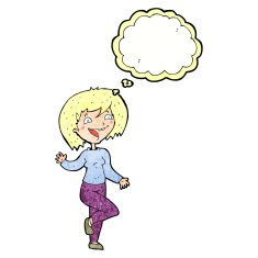 cartoon laughing woman with thought bubble N10