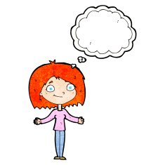 cartoon woman shrugging shoulders with thought bubble N540