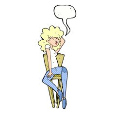 cartoon woman posing on chair with speech bubble N23