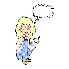 cartoon happy woman sitting and pointing with speech bubble N12