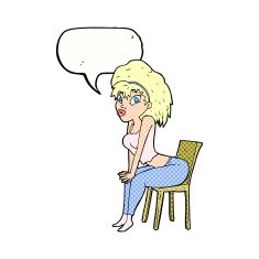 cartoon woman posing on chair with speech bubble N24