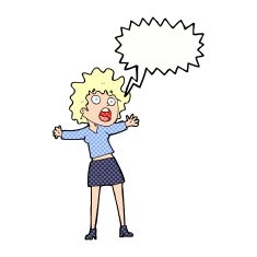 cartoon frightened woman with speech bubble N34