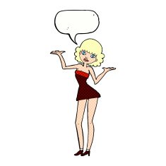 cartoon woman in cocktail dress with speech bubble N23