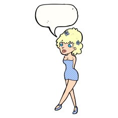 cartoon woman posing in dress with speech bubble N44