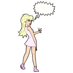 cartoon woman posing in dress with speech bubble N45