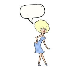 cartoon woman posing in dress with speech bubble N46