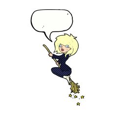cartoon witch riding broomstick with speech bubble N23