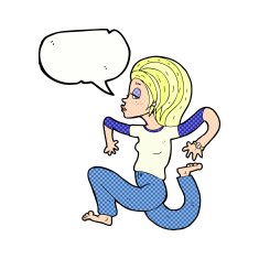cartoon woman running with speech bubble N12