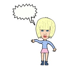 cartoon woman waving away with speech bubble N11