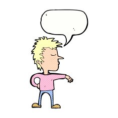 cartoon man making camp gesture with speech bubble N34