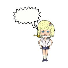 cartoon woman with knife between teeth speech bubble N44