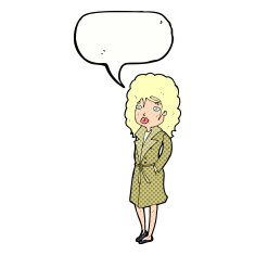 cartoon woman in trench coat with speech bubble N34