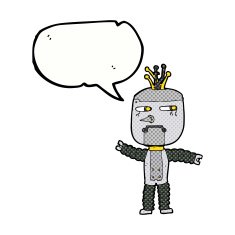 cartoon waving robot with speech bubble N26