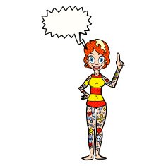 cartoon woman covered in tattoos with speech bubble N11