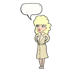 cartoon woman in trench coat with speech bubble N35