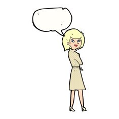 cartoon woman in trench coat with speech bubble N36