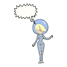cartoon space woman with speech bubble N34