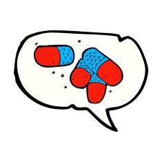 cartoon painkillers with speech bubble N4
