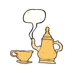 cartoon coffee pot and cup with speech bubble N4