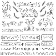 New year ribbons badges winter decor set Outline