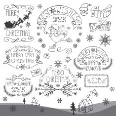 Vintage Christmas New Year Calligraphic badges set Outline