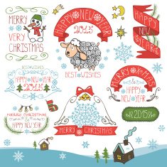 Vintage New Year Christmas Calligraphic badges set