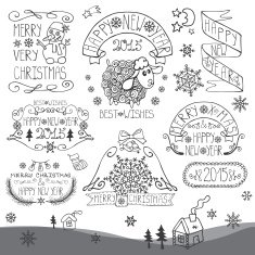 Vintage New Year Christmas Calligraphic badges set Outline