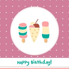 Greeting card with cute ice creams on polka dot background